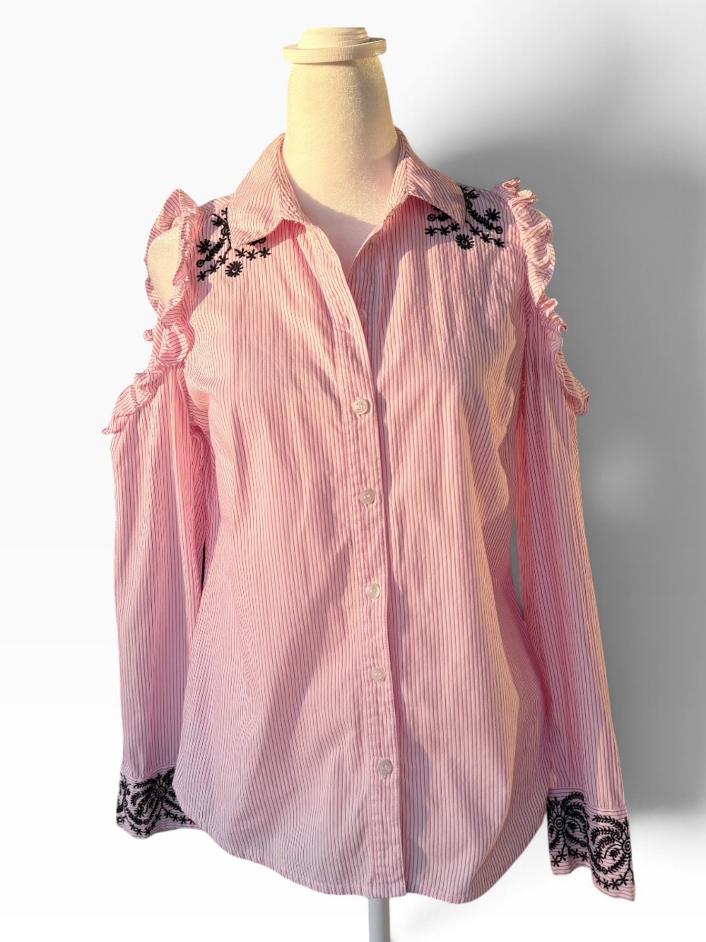 Nanette Lepore Pink & White Striped Cold Shoulder Button-Down Top Size Small